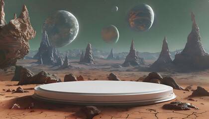 round podium in the space with some planet alien theme 3d render