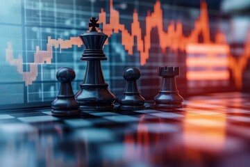 Black chess pieces including king, pawn, and rook arranged on a chessboard with a glowing, fluctuating stock market graph in the background symbolizing strategy and financial decision making