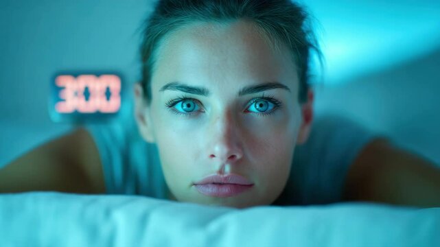 A woman with blue eyes lies in bed, staring ahead, with a digital clock showing 3:00 AM glowing in the background.