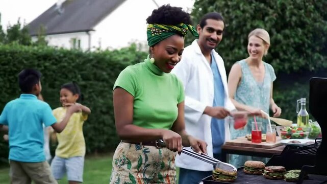 Backyard summer barbecue with a diverse group of friends. A young Black woman grills burgers. A South Asian man and a Caucasian woman prepare food. Children play in the background