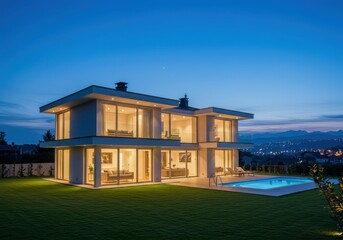 Modern house with pool and green lawn at twilight