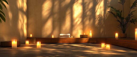 Serene space with candles, wooden platform, and soft sunlight filtering through. Peaceful and meditative ambiance
