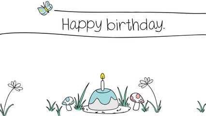 Happy birthday illustration with cake, butterfly, mushrooms, flowers, and grass in a whimsical style design
