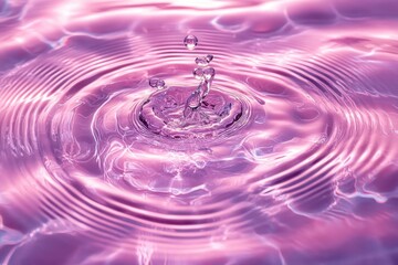 Close-up of water droplets creating ripples on a vibrant pink liquid surface with dynamic reflections and delicate splash patterns