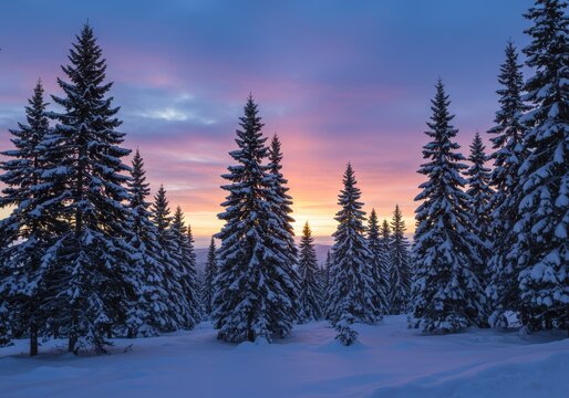 Snow covered fir trees during a colorful winter sunset landscape