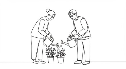 Couple Watering Plants Line Art Illustration