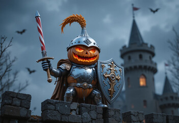 Brave Pumpkin Warrior in Silver Armor with Candy Cane Sword — Halloween