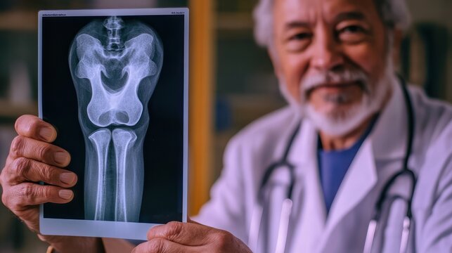 Doctor reviewing hip x-ray in office, bookshelf blurred background, medical consultation