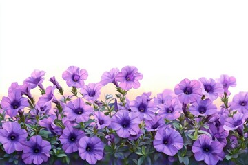 Fototapeta premium Close-up view of a vibrant cluster of purple petunias with green foliage on a white background
