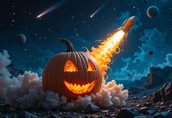 Futuristic Pumpkin Rocket Launch Halloween Scene