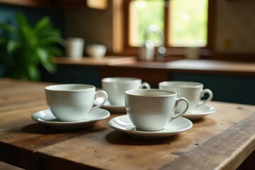 Several empty coffee cups on a rustic kitchen table , objects, rustic