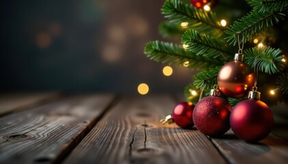 Rustic wooden tabletop, Christmas tree with baubles, glowing lights , holiday, glitter