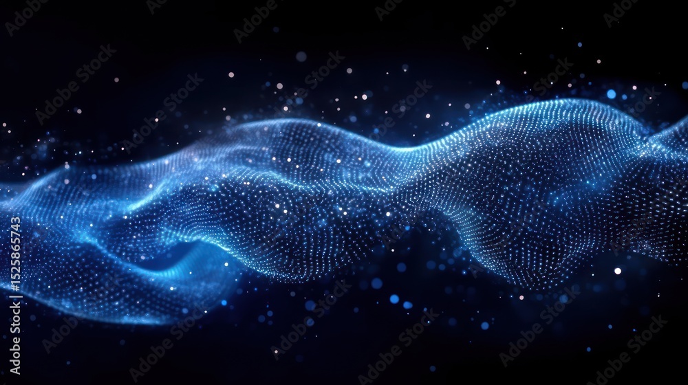 Poster abstract flowing wave of blue luminous particles creating a dynamic digital mesh with glowing dots a