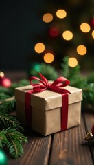 Obraz premium Rustic Christmas gift box, fir branches, baubles Bokeh lights Wooden table , nature, bokeh, card