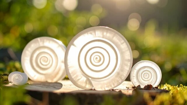 Translucent seashell collection arranged on a mossy stump in sunlit forest with bokeh background, creating a natural zen scene.