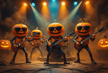 Halloween Rockin’ Pumpkins with Sunglasses Playing Electric Guitars on Spooky Stage