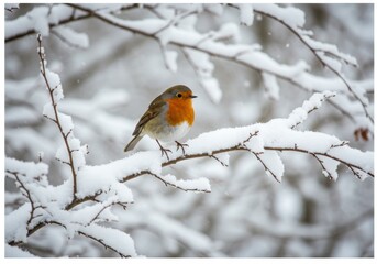 Robin perched on a snow covered branch in winter season