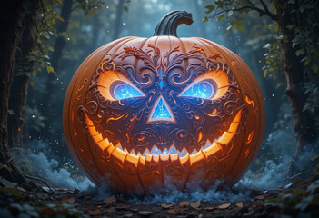 Magical Blue-Glowing Carved Pumpkin Floating in Enchanted Forest — Halloween