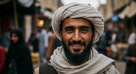 Smiling Afghan man in traditional clothing against urban street backdrop  