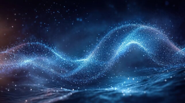 Glowing blue particles forming a dynamic wave pattern over a dark textured surface creating a sense of motion and energy