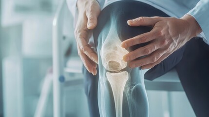 Doctor examining x-ray of painful knee in clinic
