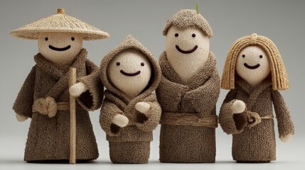 Happy Family of Handmade Straw Dolls