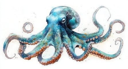 Detailed watercolor illustration of a blue octopus with curled tentacles and visible suction cups on a white background