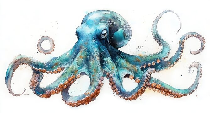 Detailed watercolor illustration of a blue octopus with curled tentacles and visible suction cups on a white background