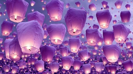 Sky Lantern Festival - Hundreds of Purple Sky Lanterns Floating in the Twilight Sky
