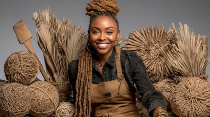 Portrait of a smiling Black female artisan surrounded by natural materials.