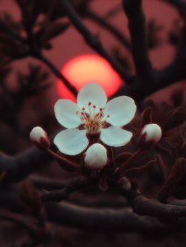 A delicate white blossom against a dramatic sunset