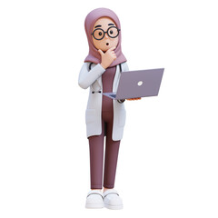 3D render muslim woman doctor character is holding a laptop computer and thinking