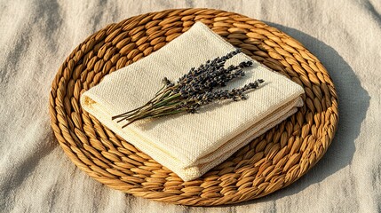 Cream-colored cloths arranged on a woven placemat.