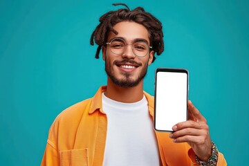 Smiling young man with dreadlocks and glasses wearing an orange shirt holding a smartphone with a blank white screen against a blue background