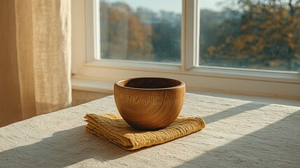 Wooden bowl on a linen tablecloth near a window.
