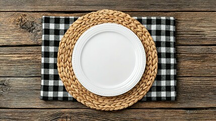 Empty white plate on a woven placemat atop a checkered tablecloth.