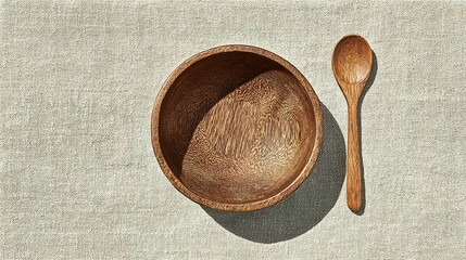 Wooden bowl and spoon on a linen tablecloth.