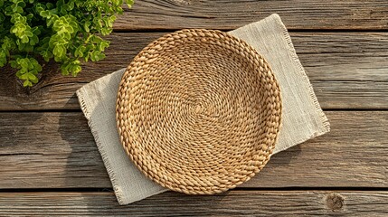 Light brown woven placemat on a wooden surface.