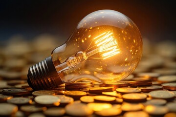 Glowing incandescent light bulb lying on a pile of golden coins symbolizing wealth and energy