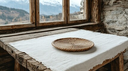 Rustic wooden table with a light tablecloth and a wicker plate.