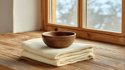Wooden bowl atop folded cream-colored towels on a wooden surface.