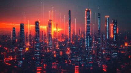 A futuristic city skyline with digital charts overlaying glowing skyscrapers