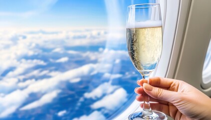 Airplane Champagne Toast Cloudscape view, in-flight luxury