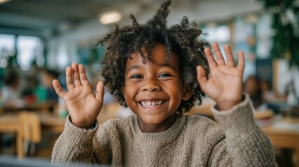 Happy Kid Waving Hello in Classroom