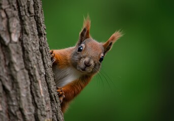 Fototapeta premium Red squirrel peeking around a tree trunk in a natural green setting