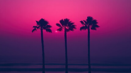 Obraz premium Pink sunrise silhouettes of three palm trees on beach