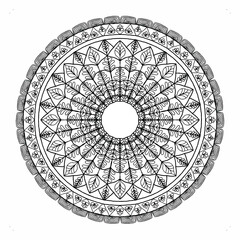 Hand-drawn digital mandala art, intricate black and white geometric pattern, detailed symmetrical design, spiritual and meditative illustration