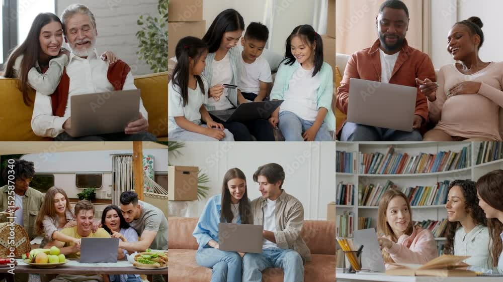 Poster Groups of diverse individuals engage around laptops, sharing ideas and collaborating on technology. Different settings showcase teamwork and innovation in a relaxed environment.