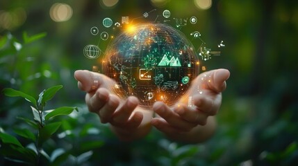 Hands gently holding a glowing digital globe with futuristic icons and graphs surrounded by green leaves symbolizing technology and environmental care