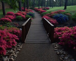 A tranquil garden path with a wooden bridge and vibrant azaleas
